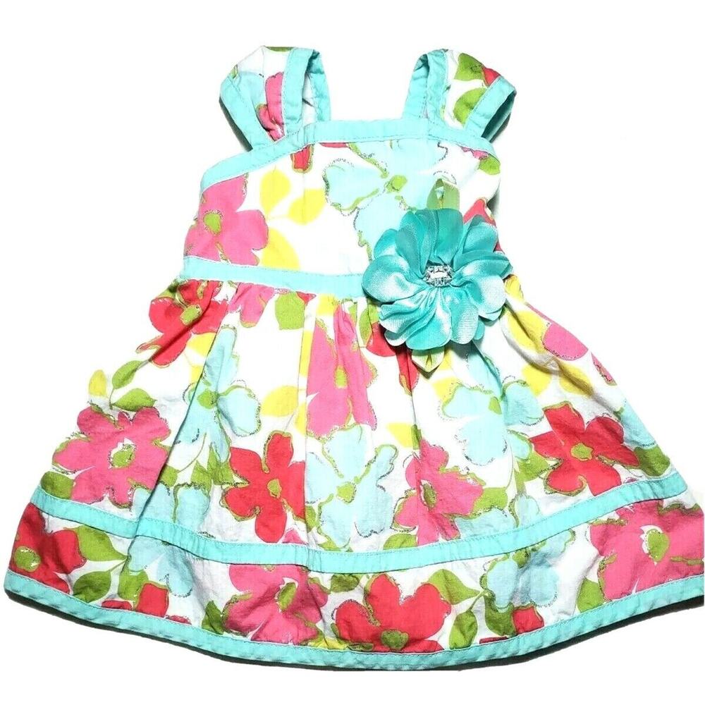 Youngland Dress 12M Baby Toddler Girls Aqua Blue Pink Flower Sun Summer 12-18m
